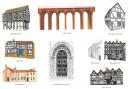 Some of the historic buildings illustrated on the new panels at Ledbury Station.
