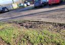Grass verges in the street have been churned up by car tyres