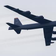 A B-52 Stratofortress, like this one pictured at Bournemouth air festival, was seen flying over Herefordshire
