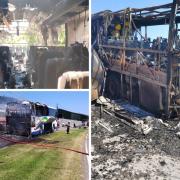 A coach was completely destroyed after it burst into flames.