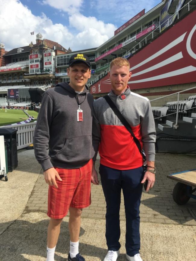 Nets bowler Henry Lamb, a teacher at The Elms School in Colwall, with England star Ben Stokes