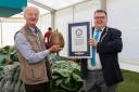 PICTURED: Guinness World Record for Peter Glazeborrk, Heaviest Aubergine.   with Craig Glenday from Guinness.   Three Counties Malvern Autumn Show . Photos by Anna Lythgoe 24.09.21.