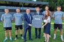 Steve Roberts, Managing Director for Bloor Homes’ Western region, Peter Boyle, Chairman at Ledbury Town FC, and Jessica Hewlett, Senior Sales Advisor for Bloor Homes at The Arches, Ledbury are flanked by players Josh Burns, Ben Miller, James Febrey and