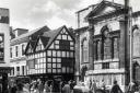 Worcester city centre's The Shambles with St Swithun’s Church and by Church Street pictured by Michael Dowty in around 1961