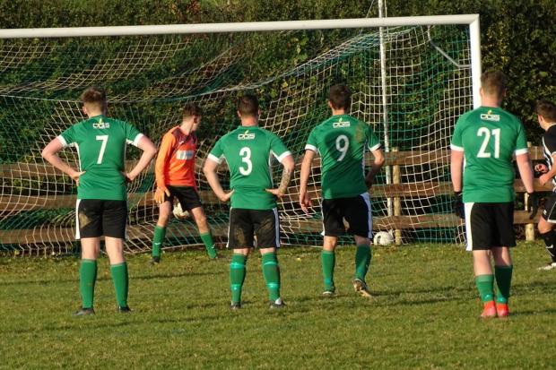 Hat-trick: George Walker completes his triple from the penalty spot against Shobdon in Ledbury Town's 11-2 win.