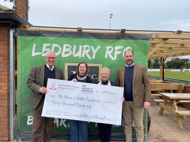 LRFC President Roger Bateson, Mandi Smith ex-President, President NMRFU Judith Phelps, LRFC Chair Julian Cotton with their cheque they contributed to for the Doddie Weir MND Fund