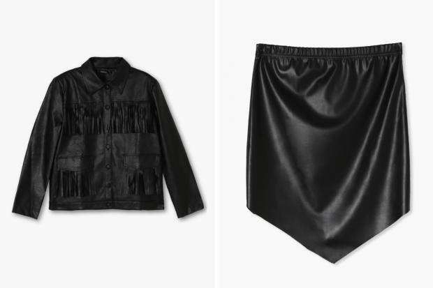 Ledbury Reporter: (Left) Fringe Faux Leather Jacket and (right) Pointed Hem PU Mini Skirt in black (Boohoo/Canva)
