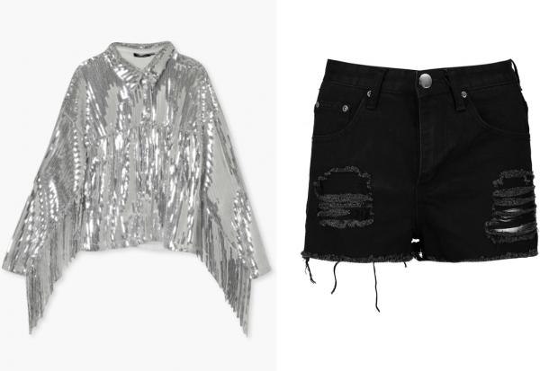 Ledbury Reporter: (Left) Sequin Fringe Detail Shirt and (right) Petite High Rise Distressed Denim Shorts (Boohoo/Canva)