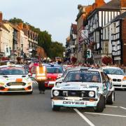 Rally cars in Ledbury High Street last year