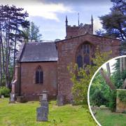 St Andrew & St Mary’s Church, How Caple (from Google Street View) and inset, the contentious toilet under the large pine tree.