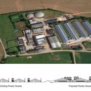 an aerial view of the farm, and plan for the three additional chicken sheds