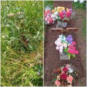 Julie's nan's grave (left) and what it looked like on her last visit