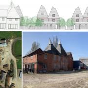 design of the new houses, echoing the existing hop kilns; aerial view of the farm; and photo of the buildings at present