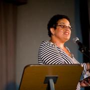Jackie Kay, pictured here at Michael Rosen's A-Z of Poetry event at the Community Hall on Saturday, was among the guests at the Cider Supper. Picture by Stephen Bulley.