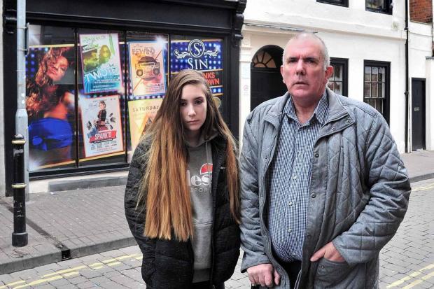 ANGRY: William Smith with his daughter Carmen, in New Street, outside Sin. Mr Smith is upset with being threatened by nightclub bouncers, while dropping his daughter off at the club